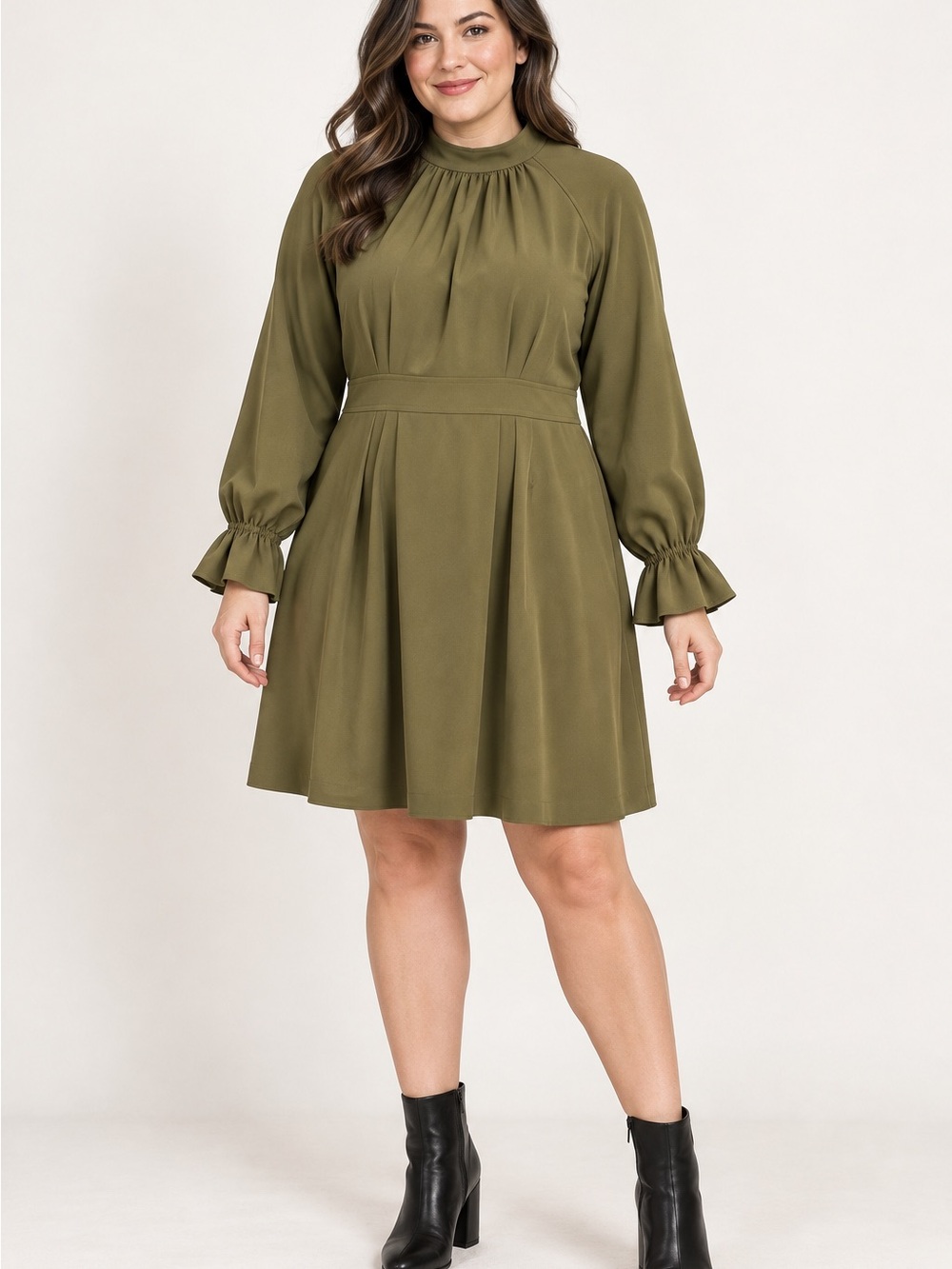 Calvin Klein Olive Mock Neck Flounce Sleeve Dress Size 16